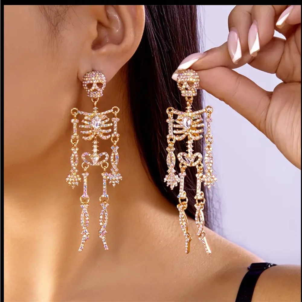 Gold Skeleton rhinestone Dangle Earrings